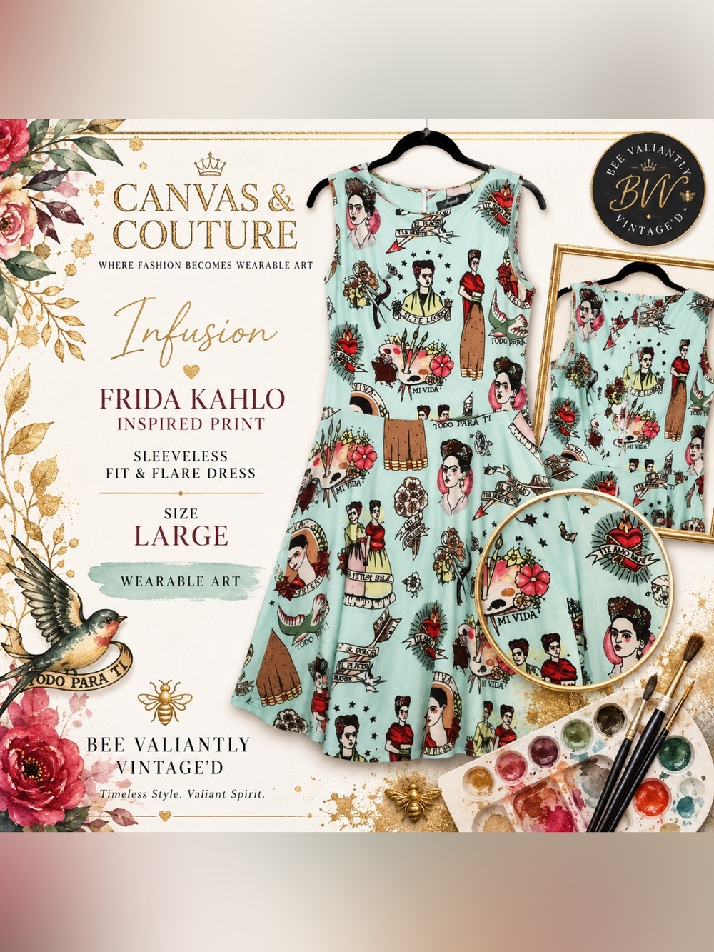 Infusion Frida Kahlo Print Sleeveless Fit & Flare Dress Size Large